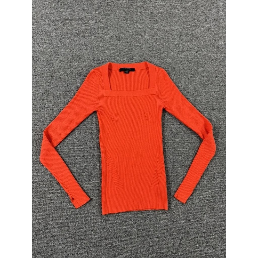 AllSaints Sweater‎ Womens XS Orange Bardi Rib Square Neck Long Sleeve Top